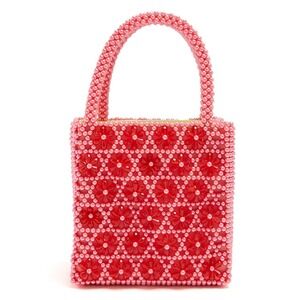 Shrimps Venezia Beaded Handbag Pink Red Faux Pearl Floral Top Handle Bag